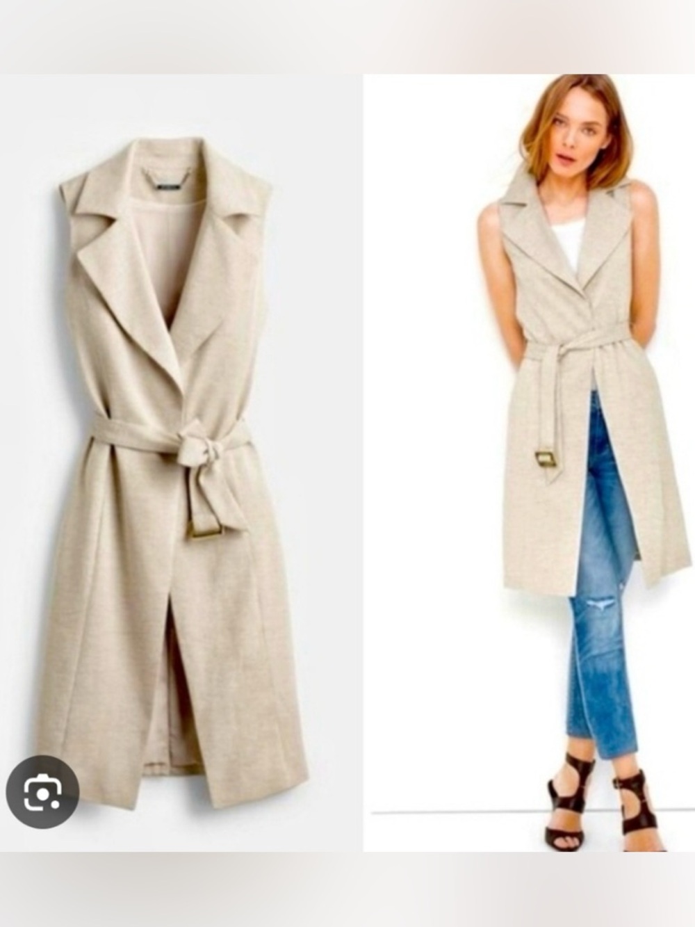 WHITE HOUSE BLACK MARKET Cream Canvas Sleeveless Belted Vest with Notch Collar